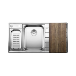 BLANCO AXIS III 6 S-IF Edition Stal polerowana lewa, korek auto., InFino, deska orzechowa, odsączarka stalowa, ociekacz stalowy