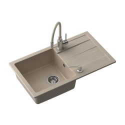 READY- MAX BEŻOWY zlewozmywak granitowy 1-k z/o (77x44x17,5) + bateria z elastyczną wylewką + dozownik stalowy + syfon