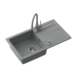 READY- MAX SZARY zlewozmywak granitowy 1-k z/o (77x44x17,5) + bateria z elastyczną wylewką + dozownik stalowy + syfon