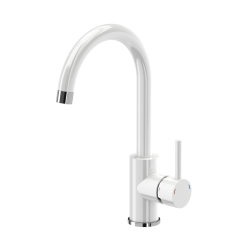 Hugh 111 komora stalowa z białym blatem szklanym z syfonem i zaślepką (770x440/R35) + NAOMI SteelQ stalowa bateria kuchenna biały połysk