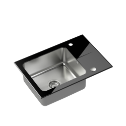 Hugh 116 komora stalowa z czarnym blatem szklanym z syfonem i zaślepką (640x440/R35) + NAOMI SteelQ stalowa bateria kuchenna czarny połysk