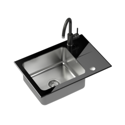 Hugh 116 komora stalowa z czarnym blatem szklanym z syfonem i zaślepką (640x440/R35) + NAOMI SteelQ stalowa bateria kuchenna czarny połysk