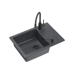 READY- SMART CZARNY zlewozmywak granitowy 1-k z/o (62x44x17,5) + bateria z elastyczną wylewką very black + dozownik very black + syfon very black