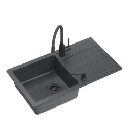 READY- MAX CZARNY zlewozmywak granitowy 1-k z/o (77x44x17,5) + bateria z elastyczną very black + dozownik very black + syfon very black