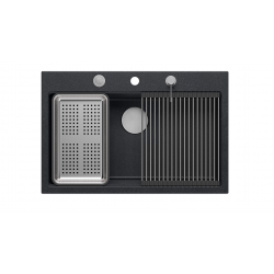 Zlewozmywak granitowy MARC 1-komorowy 76x50 cm czarny/black diamond + elementy stal szlachetna