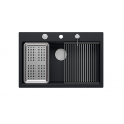 Zlewozmywak granitowy MARC 1-komorowy 76x50 cm czarny/pure carbon + elementy stal szlachetna