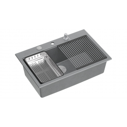 Zlewozmywak granitowy MARC 1-komorowy 76x50 cm szary/silver stone + elementy stal szlachetna