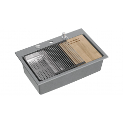 Zlewozmywak granitowy MARC 1-komorowy 76x50 cm szary/silver stone + elementy stal szlachetna