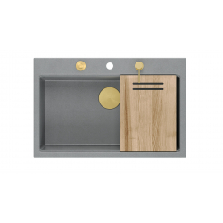 Zlewozmywak granitowy MARC 1-komorowy 76x50 cm szary/silver stone + Nano ZŁOTO PVD