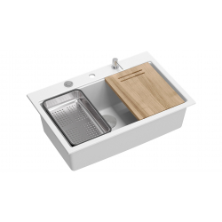 Zlewozmywak granitowy MARC 1-komorowy 76x50 cm biały/snow white + elementy stal szlachetna