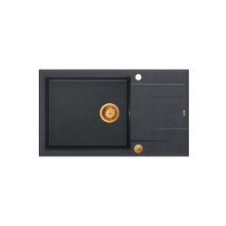 EVAN 136 XL GraniteQ zlewozmywak z syfonem Push To Open 1-komorowy z/o (860x500x210; kom. 420x490) black diamond / elementy miedziane