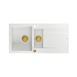 EVAN 156 GraniteQ zlewozmywak z syfonem Push To Open 2-komorowy z/o (1000x500x210; kom. 420x480) snow white / elementy złote