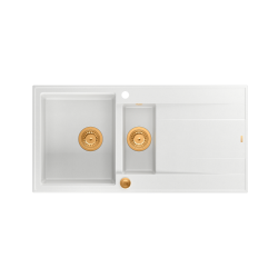 EVAN 156 GraniteQ zlewozmywak z syfonem Push To Open 2-komorowy z/o (1000x500x210; kom. 420x480) snow white / elementy miedziane
