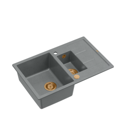 MORGAN 156 GraniteQ zlewozmywak silver stone z syfonem Push To Open okrągły 1,5-komorowy z/o / elementy miedziane