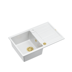 MORGAN 111 GraniteQ zlewozmywak snow white z syfonem Push To Open 1-komorowy z/o/ elementy złote