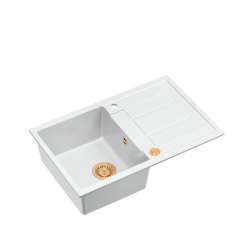 MORGAN 111 GraniteQ zlewozmywak snow white z syfonem Push To Open 1-komorowy z/o / elementy miedziane