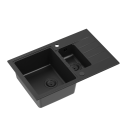 PETER 156 GraniteQ zlewozmywak granitowy pure carbon 1,5-komorowy z/o (78x50x20) z syfonem pure carbon i zaślepką kol. czarny