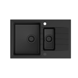 PETER 156 GraniteQ zlewozmywak granitowy pure carbon 1,5-komorowy z/o (78x50x20) z syfonem pure carbon i zaślepką kol. czarny