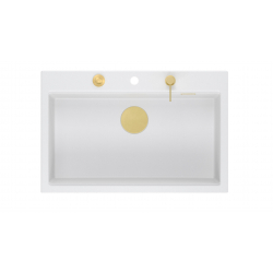 Zlewozmywak granitowy MARC 1-komorowy 76x50 cm biały/snow white + Nano ZŁOTO PVD